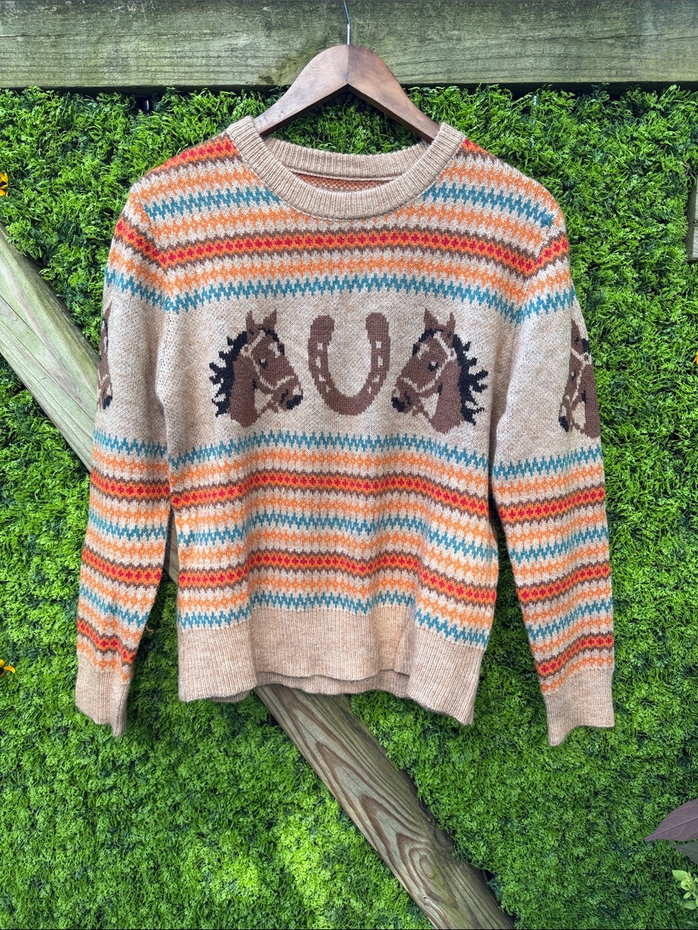 Horse Motif Crewneck Sweater Casual Western Knit